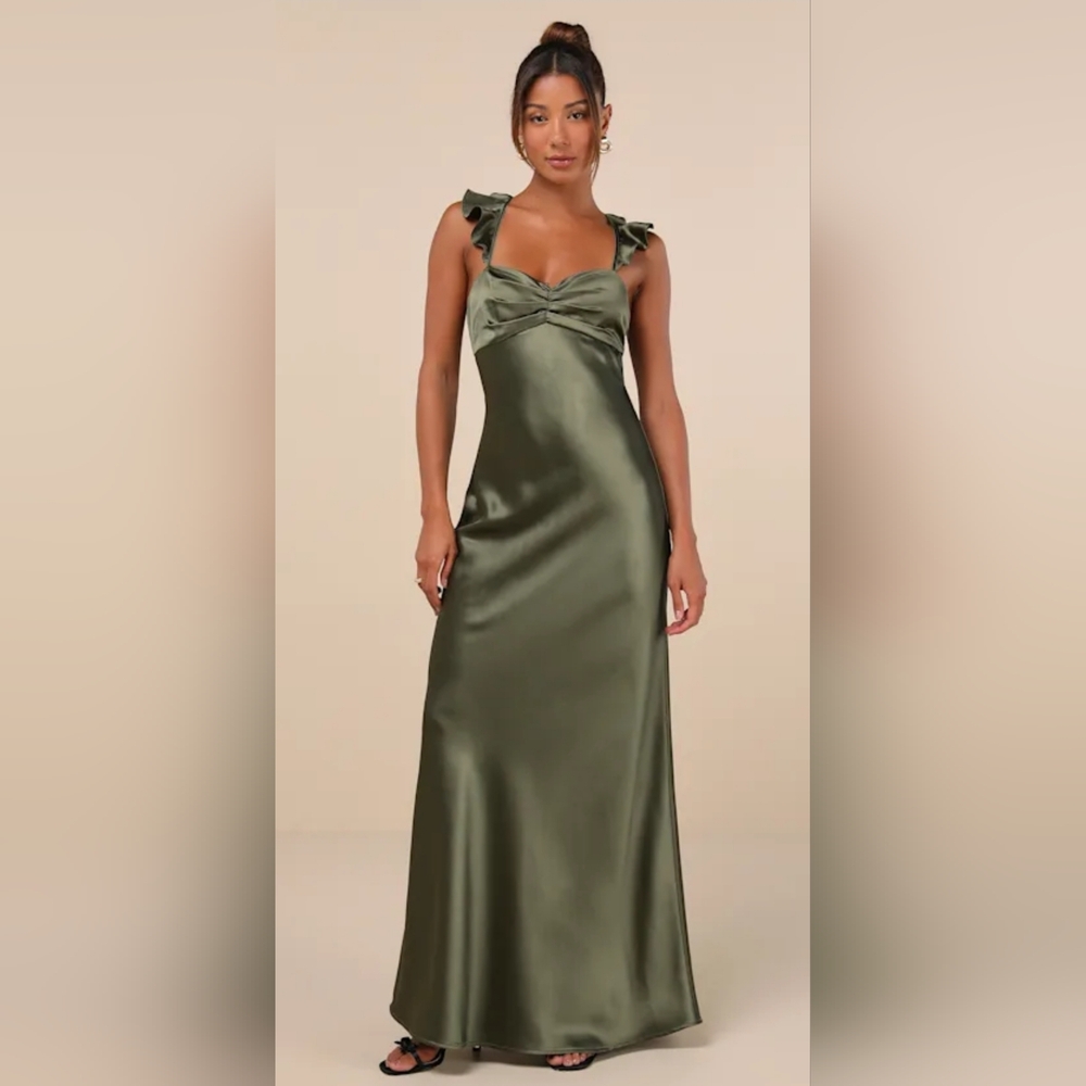 Lulu's Exuberant Luxury Olive Green Satin Ruffled Lace-up Maxi Dress